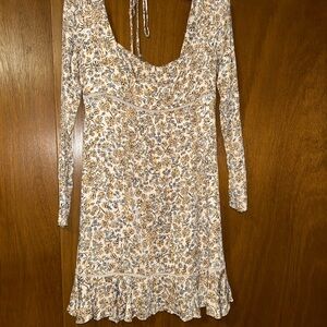 Free People Cream and Brown Floral Long Sleeve Dress